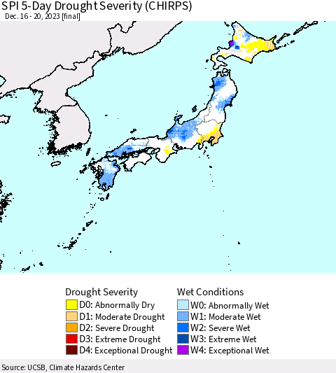 Japan SPI 5-Day Drought Severity (CHIRPS) Thematic Map For 12/16/2023 - 12/20/2023