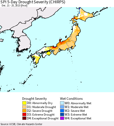 Japan SPI 5-Day Drought Severity (CHIRPS) Thematic Map For 12/21/2023 - 12/25/2023