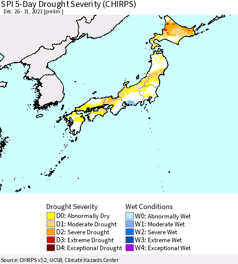 Japan SPI 5-Day Drought Severity (CHIRPS) Thematic Map For 12/26/2023 - 12/31/2023