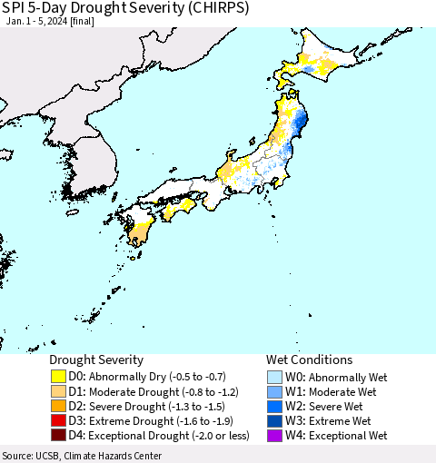Japan SPI 5-Day Drought Severity (CHIRPS) Thematic Map For 1/1/2024 - 1/5/2024