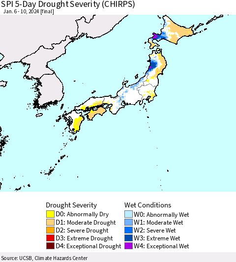 Japan SPI 5-Day Drought Severity (CHIRPS) Thematic Map For 1/6/2024 - 1/10/2024