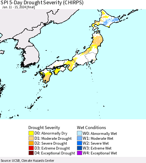Japan SPI 5-Day Drought Severity (CHIRPS) Thematic Map For 1/11/2024 - 1/15/2024