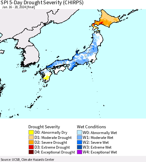 Japan SPI 5-Day Drought Severity (CHIRPS) Thematic Map For 1/16/2024 - 1/20/2024
