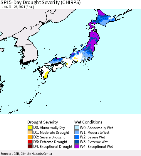 Japan SPI 5-Day Drought Severity (CHIRPS) Thematic Map For 1/21/2024 - 1/25/2024