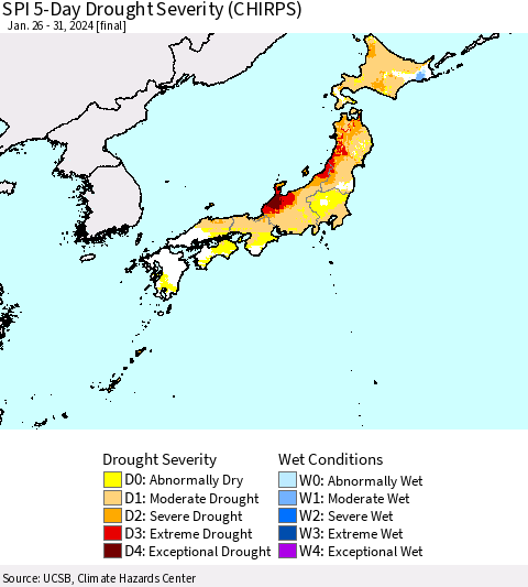 Japan SPI 5-Day Drought Severity (CHIRPS) Thematic Map For 1/26/2024 - 1/31/2024