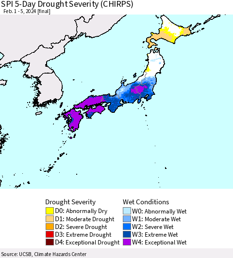Japan SPI 5-Day Drought Severity (CHIRPS) Thematic Map For 2/1/2024 - 2/5/2024