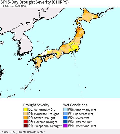 Japan SPI 5-Day Drought Severity (CHIRPS) Thematic Map For 2/6/2024 - 2/10/2024