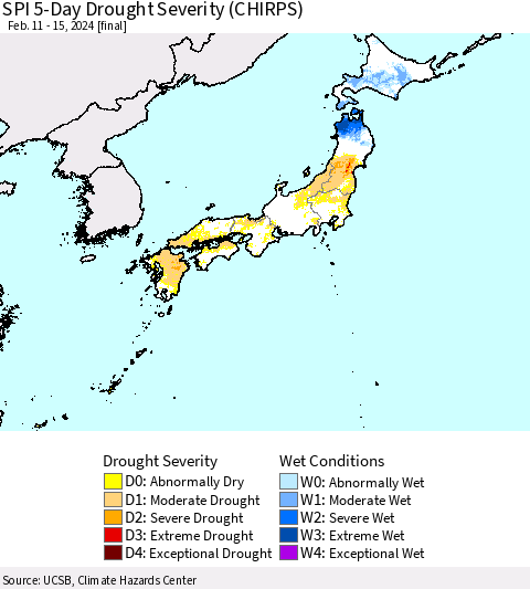 Japan SPI 5-Day Drought Severity (CHIRPS) Thematic Map For 2/11/2024 - 2/15/2024