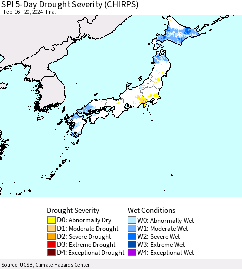 Japan SPI 5-Day Drought Severity (CHIRPS) Thematic Map For 2/16/2024 - 2/20/2024