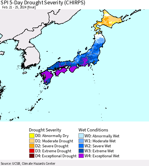 Japan SPI 5-Day Drought Severity (CHIRPS) Thematic Map For 2/21/2024 - 2/25/2024