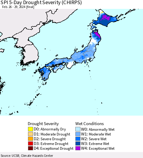 Japan SPI 5-Day Drought Severity (CHIRPS) Thematic Map For 2/26/2024 - 2/29/2024