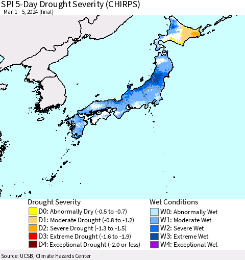 Japan SPI 5-Day Drought Severity (CHIRPS) Thematic Map For 3/1/2024 - 3/5/2024