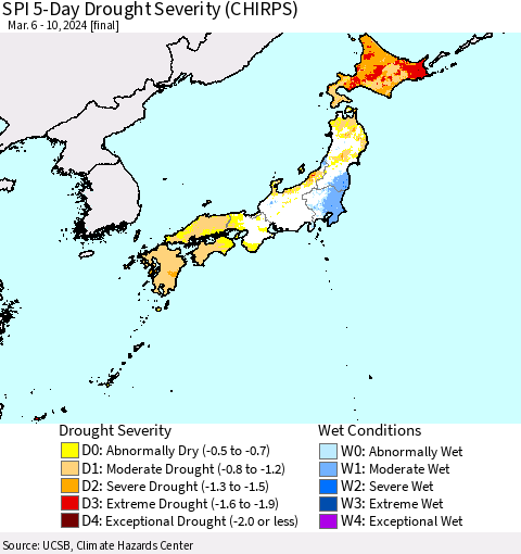 Japan SPI 5-Day Drought Severity (CHIRPS) Thematic Map For 3/6/2024 - 3/10/2024