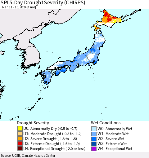 Japan SPI 5-Day Drought Severity (CHIRPS) Thematic Map For 3/11/2024 - 3/15/2024