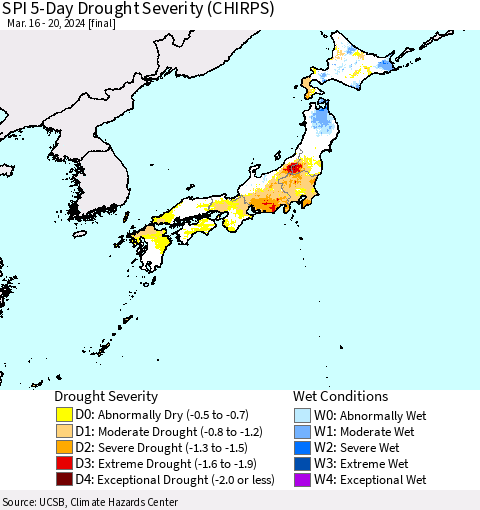 Japan SPI 5-Day Drought Severity (CHIRPS) Thematic Map For 3/16/2024 - 3/20/2024