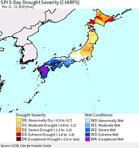 Japan SPI 5-Day Drought Severity (CHIRPS) Thematic Map For 3/21/2024 - 3/25/2024
