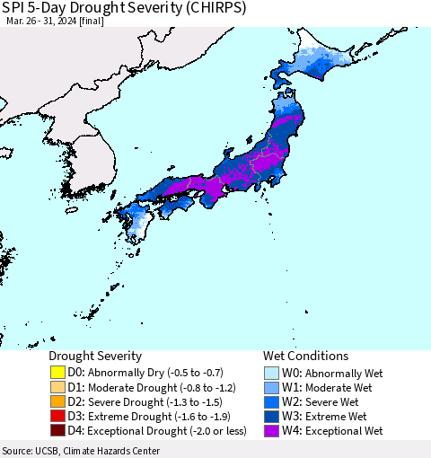 Japan SPI 5-Day Drought Severity (CHIRPS) Thematic Map For 3/26/2024 - 3/31/2024