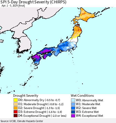 Japan SPI 5-Day Drought Severity (CHIRPS) Thematic Map For 4/1/2024 - 4/5/2024