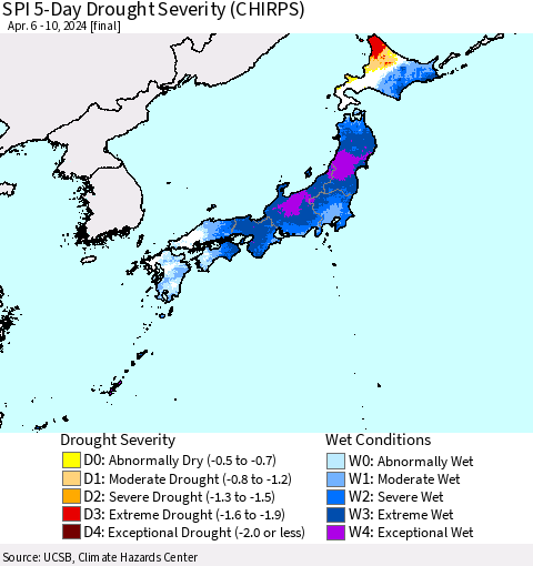 Japan SPI 5-Day Drought Severity (CHIRPS) Thematic Map For 4/6/2024 - 4/10/2024