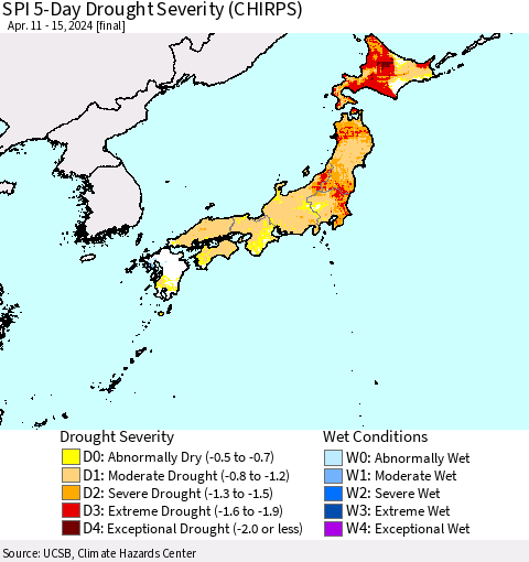 Japan SPI 5-Day Drought Severity (CHIRPS) Thematic Map For 4/11/2024 - 4/15/2024