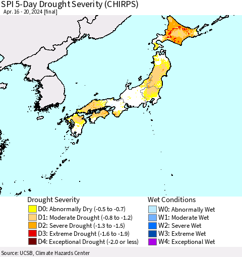 Japan SPI 5-Day Drought Severity (CHIRPS) Thematic Map For 4/16/2024 - 4/20/2024