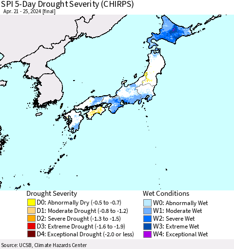Japan SPI 5-Day Drought Severity (CHIRPS) Thematic Map For 4/21/2024 - 4/25/2024