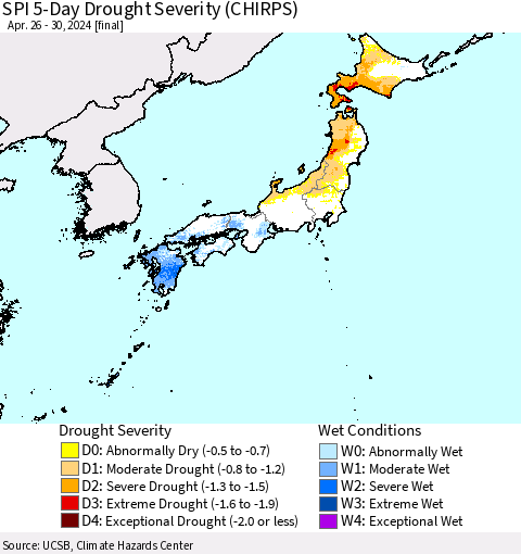 Japan SPI 5-Day Drought Severity (CHIRPS) Thematic Map For 4/26/2024 - 4/30/2024