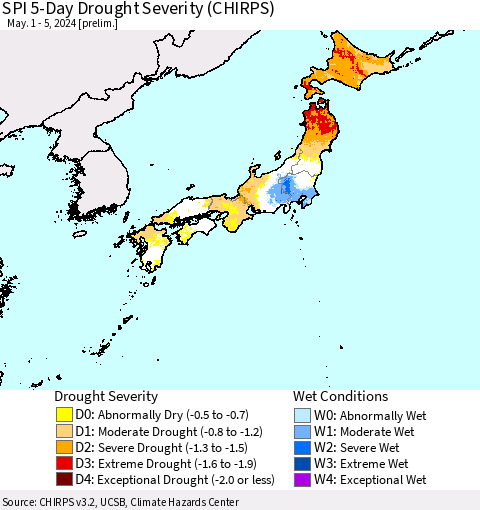 Japan SPI 5-Day Drought Severity (CHIRPS) Thematic Map For 5/1/2024 - 5/5/2024