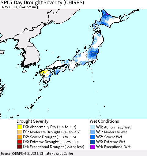 Japan SPI 5-Day Drought Severity (CHIRPS) Thematic Map For 5/6/2024 - 5/10/2024