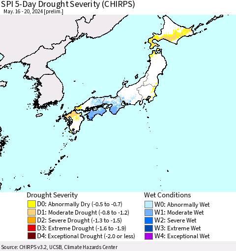 Japan SPI 5-Day Drought Severity (CHIRPS) Thematic Map For 5/16/2024 - 5/20/2024