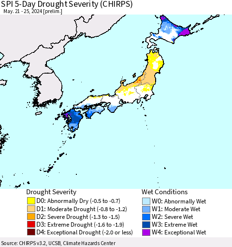 Japan SPI 5-Day Drought Severity (CHIRPS) Thematic Map For 5/21/2024 - 5/25/2024