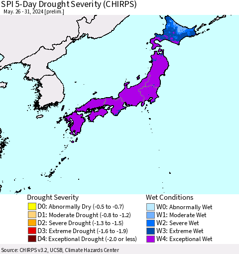Japan SPI 5-Day Drought Severity (CHIRPS) Thematic Map For 5/26/2024 - 5/31/2024