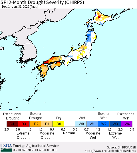 Japan SPI 2-Month Drought Severity (CHIRPS) Thematic Map For 12/1/2021 - 1/31/2022