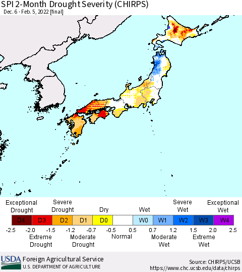 Japan SPI 2-Month Drought Severity (CHIRPS) Thematic Map For 12/6/2021 - 2/5/2022