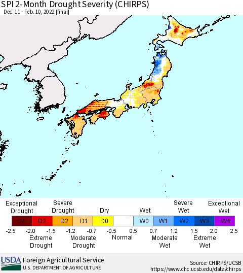 Japan SPI 2-Month Drought Severity (CHIRPS) Thematic Map For 12/11/2021 - 2/10/2022