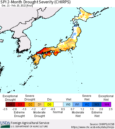 Japan SPI 2-Month Drought Severity (CHIRPS) Thematic Map For 12/21/2021 - 2/20/2022