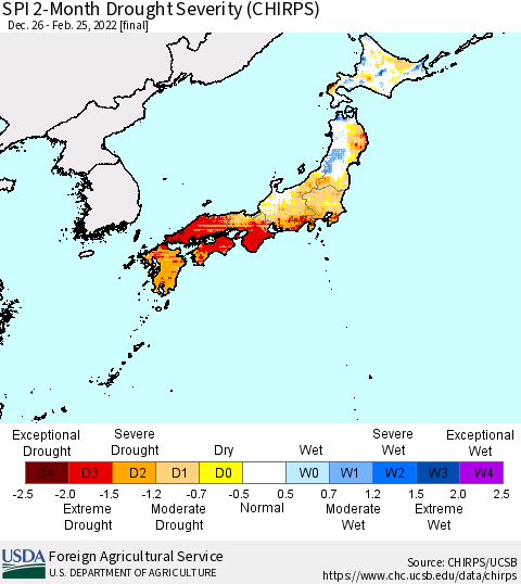 Japan SPI 2-Month Drought Severity (CHIRPS) Thematic Map For 12/26/2021 - 2/25/2022