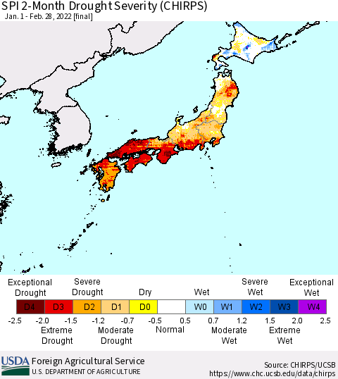 Japan SPI 2-Month Drought Severity (CHIRPS) Thematic Map For 1/1/2022 - 2/28/2022