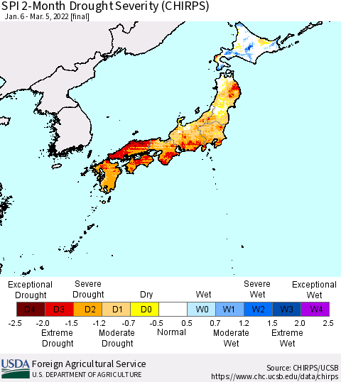 Japan SPI 2-Month Drought Severity (CHIRPS) Thematic Map For 1/6/2022 - 3/5/2022