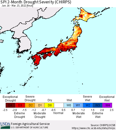 Japan SPI 2-Month Drought Severity (CHIRPS) Thematic Map For 1/16/2022 - 3/15/2022