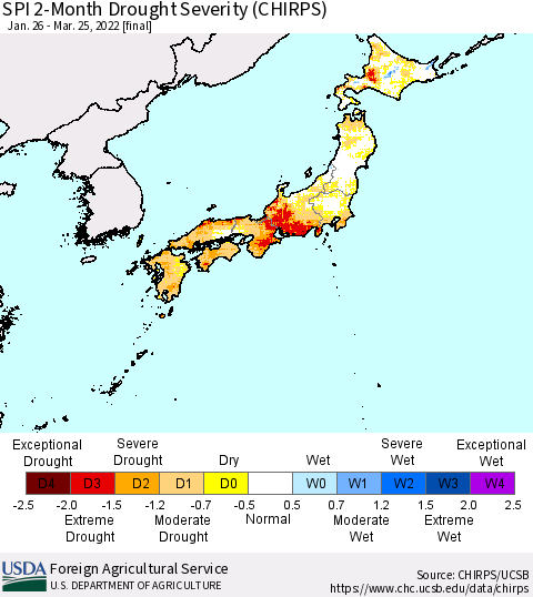 Japan SPI 2-Month Drought Severity (CHIRPS) Thematic Map For 1/26/2022 - 3/25/2022