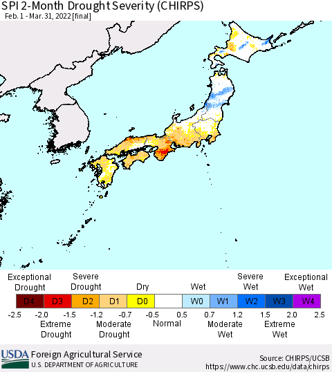 Japan SPI 2-Month Drought Severity (CHIRPS) Thematic Map For 2/1/2022 - 3/31/2022