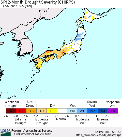 Japan SPI 2-Month Drought Severity (CHIRPS) Thematic Map For 2/6/2022 - 4/5/2022