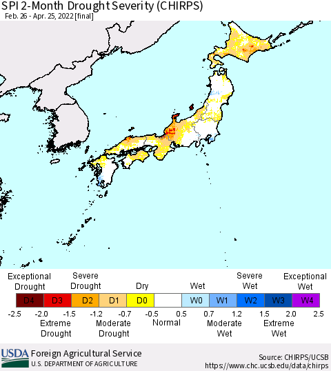 Japan SPI 2-Month Drought Severity (CHIRPS) Thematic Map For 2/26/2022 - 4/25/2022
