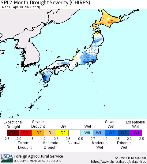 Japan SPI 2-Month Drought Severity (CHIRPS) Thematic Map For 3/1/2022 - 4/30/2022