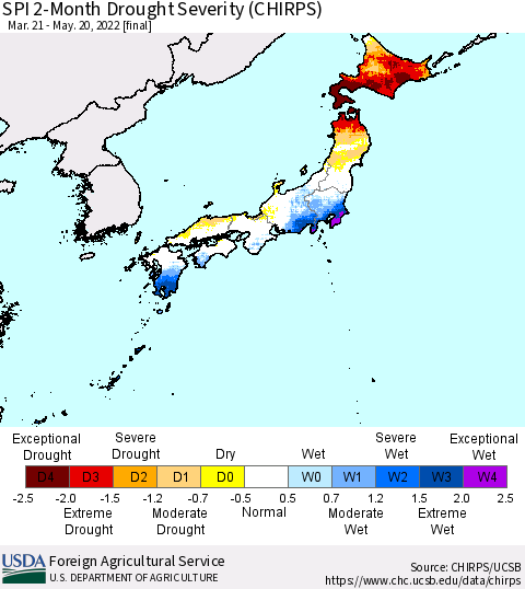 Japan SPI 2-Month Drought Severity (CHIRPS) Thematic Map For 3/21/2022 - 5/20/2022