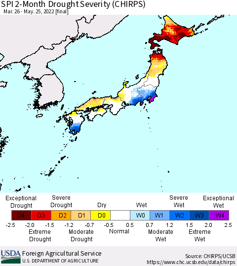 Japan SPI 2-Month Drought Severity (CHIRPS) Thematic Map For 3/26/2022 - 5/25/2022