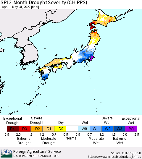 Japan SPI 2-Month Drought Severity (CHIRPS) Thematic Map For 4/1/2022 - 5/31/2022
