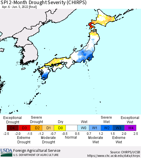 Japan SPI 2-Month Drought Severity (CHIRPS) Thematic Map For 4/6/2022 - 6/5/2022