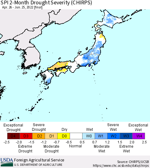 Japan SPI 2-Month Drought Severity (CHIRPS) Thematic Map For 4/26/2022 - 6/25/2022
